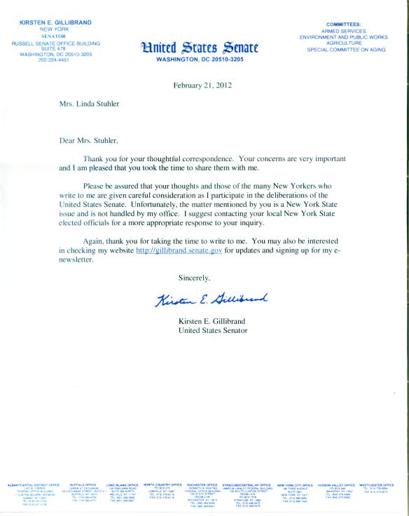Response Letter Senator Gillibrand 2.21.2012