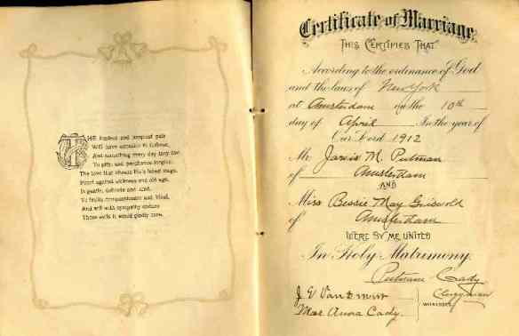 Wedding Certificate of Jarvis & Bessie Putnam